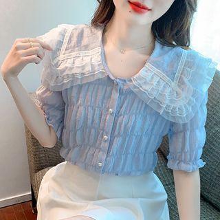 Puff-sleeve Collar Crinkle Blouse