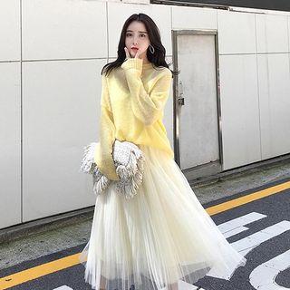 Set: Sweater + Overlay Midi Pleated Skirt