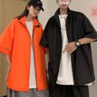 Couple Matching Elbow-sleeve Plain Zip-up Jacket
