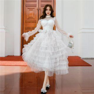 Long-sleeve Midi Mesh Layered Dress