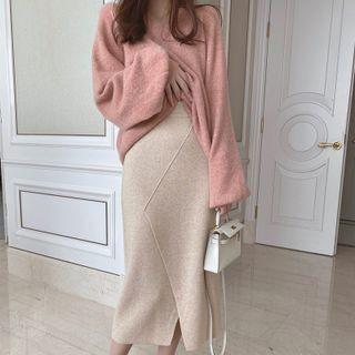 Set: Plain Pattern Sweater Slit Pencil Skirt