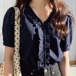 Puff-sleeve Plain Frill Trim Blouse Dark Blue - One Size