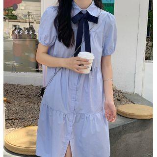 Short-sleeve Tie-neck Midi Dress Blue - One Size