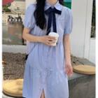 Short-sleeve Tie-neck Midi Dress Blue - One Size