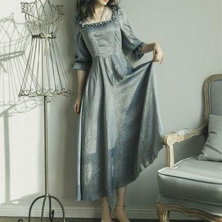 Elbow-sleeve Frill Trim A-line Maxi Dress