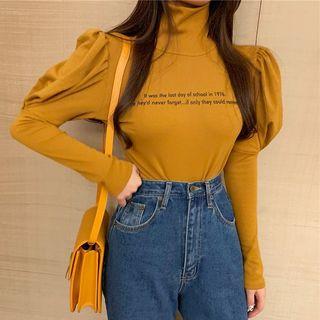 Mock-turtleneck Balloon-sleeve Lettering Top