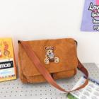 Bear Embroidered Corduroy Crossbody Bag Brown - One Size