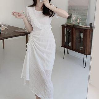 Puff-sleeve Ruffled Drawstring Midi A-line Dress
