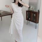 Puff-sleeve Ruffled Drawstring Midi A-line Dress
