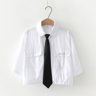 Short-sleeve Drawstring-hem Crop Shirt With Necktie