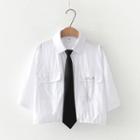 Short-sleeve Drawstring-hem Crop Shirt With Necktie