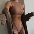 Set: Plain Ribbed Cropped Tank Top + Ribbed High Waist Shorts