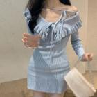 Ruffled Ribbed Mini Knit Dress Light Blue - One Size