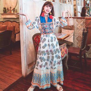 Long-sleeve Pineapple Print Maxi A-line Dress