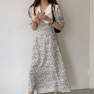 Elbow-sleeve Lapel Floral Dress