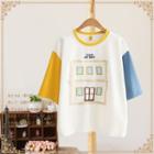 Embroidered Color Block Elbow-sleeve T-shirt