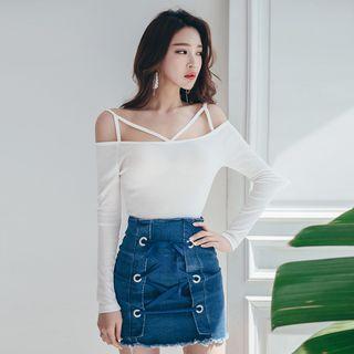 Set: Cold Shoulder Knit Top + Lace-up Denim Skirt