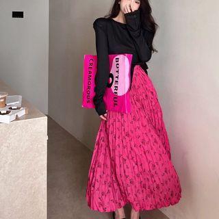 Long-sleeve Slit T-shirt / Floral Print Midi A-line Skirt