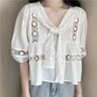Mock Two-piece Lace Shawl Puff-sleeve Top