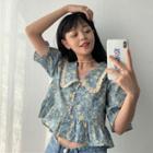 Short-sleeve Floral Ruffled Top Floral - Blue - One Size