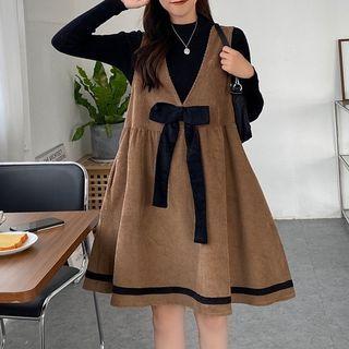 Mock-neck Knit Top / Ribbon A-line Overall Dress