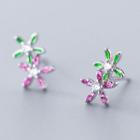 925 Sterling Silver Rhinestone Flower Earring 1 Pair - S925 Silver - Rose Pink & Green - One Size