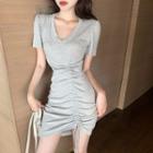 Short-sleeve V-neck Drawstring Plain T-shirt Dress