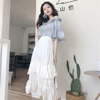 Off-shoulder Elbow Sleeve Top / Layer A-line Midi Skirt
