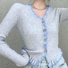 Long-sleeve Buttoned Frill Trim Knit Top As Shown In Figure - One Size