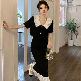 Elbow-sleeve Collar Jacket / Midi Pencil Skirt