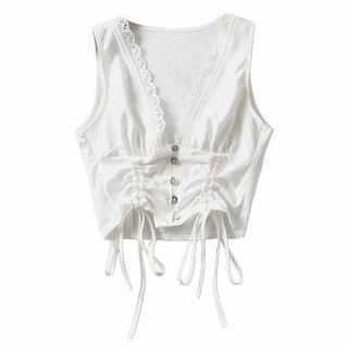 Sleeveless Lace Trim Drawstring Crop Top