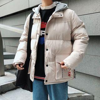 Lettering Hooded Padded Buttoned Jacket