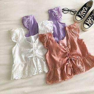 Plain V-neck Perforated Frilled Tank Top