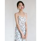 Elastic-waist Floral-pattern Spaghetti Strap Dress