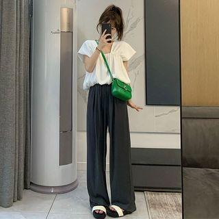 Set: Cap-sleeve Square-neck Top + Wide Leg Pants