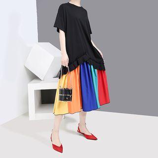 Elbow-sleeve Color-block Midi Dress Black - One Size