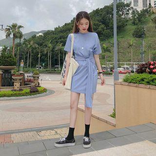 Tie Waist Short-sleeve Knit Dress Blue - One Size
