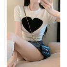 Short-sleeve Heart Jacquard Knit Top Top - Black & White - One Size