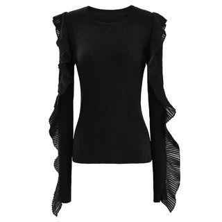 Long-sleeve Cold-sleeve Ruffle Trim Knit Top