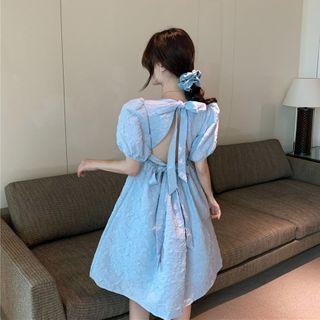 Puff-sleeve Crinkled Cutout-back Mini A-line Dress