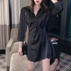 3/4-sleeve Plain Dress Black - One Size