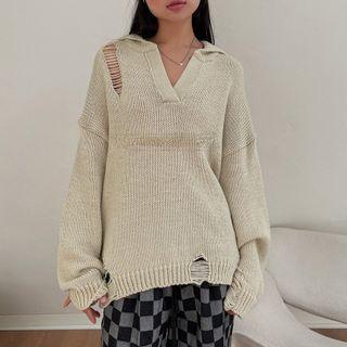 Long-sleeve V-neck Plain Ripped Knit Top