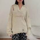 Long-sleeve V-neck Plain Ripped Knit Top