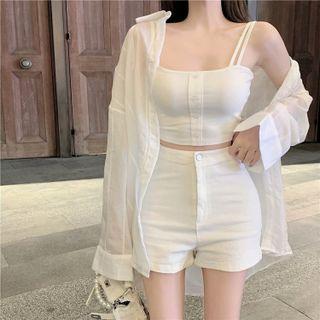 Long-sleeve Plain Mesh Shirt / Sleeveless Button-up Cropped Top / High-waist Shorts (various Design)