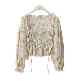 Square-neck Floral Ruffle Drawstring Cropped Top