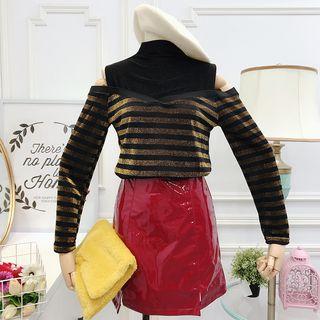 Mock Turtleneck Cold-shoulder Striped Panel Long-sleeve Top
