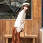 Set: Square-neck Jacket + Stand Collar Blouse + Pleated Midi A-line Skirt