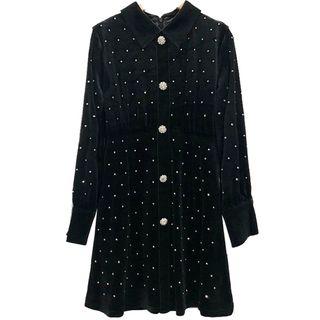 Dotted A-line Mini Velvet Shirtdress