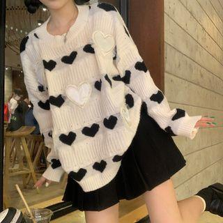 Heart Print Mesh Panel Knit Sweater