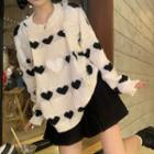 Heart Print Mesh Panel Knit Sweater